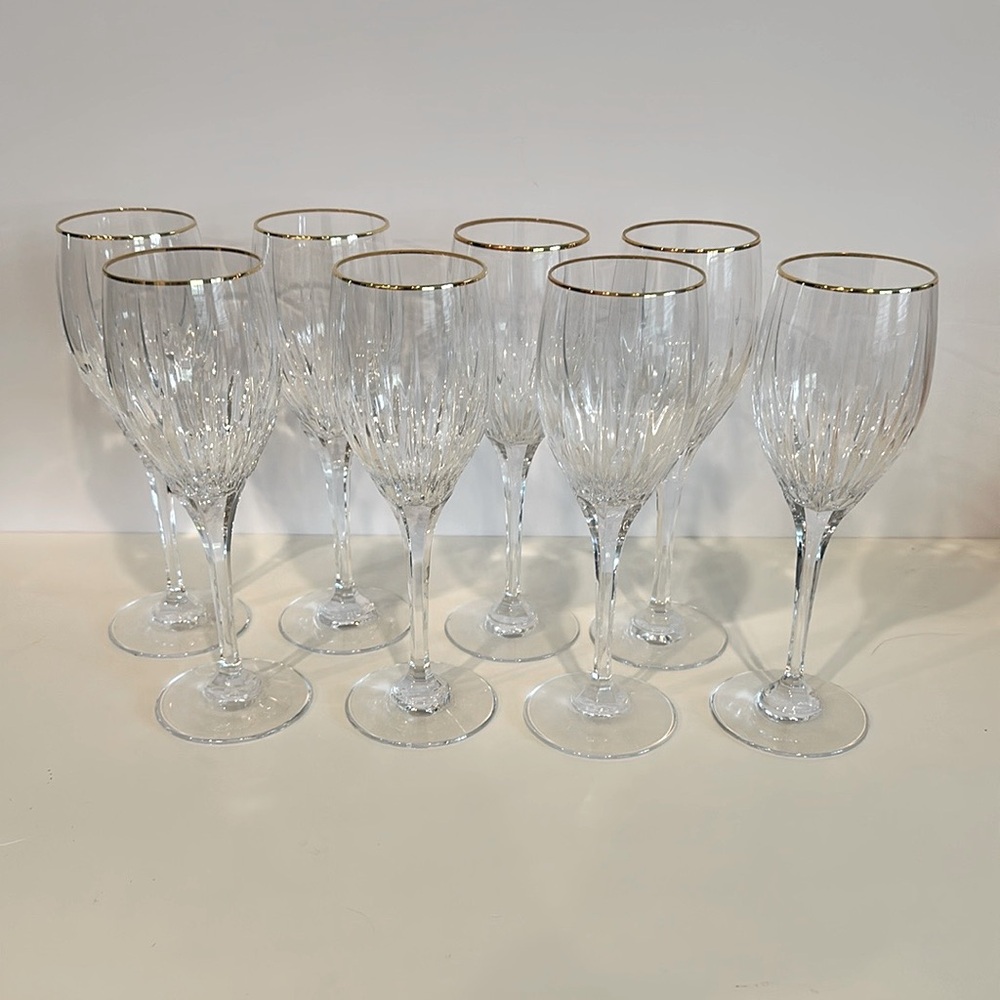 8 Mikasa “Golden Lights” Gold-Rimmed Crystal Wine Glasses/Water Goblets, NIB